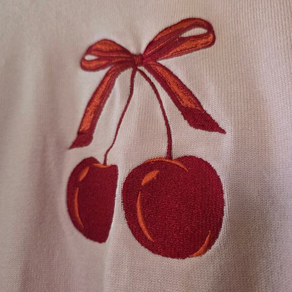 Faded Rose Pink Cherry Embroidered Sweater Womens Size L Soft Knit Long Sleeve - Picture 3 of 12